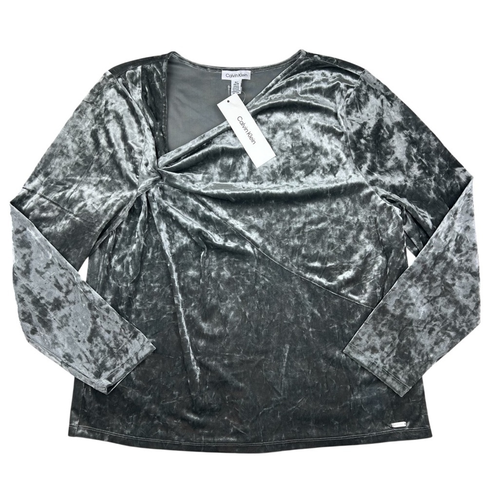 Calvin Klein Crushed Velvet Twist Front Long Sleeve Blouse Silver Womens Size XL